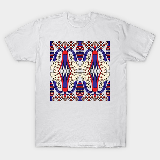 Egypt style symbol pattern in red and blue T-Shirt by BE MY GUEST MARKETING LLC